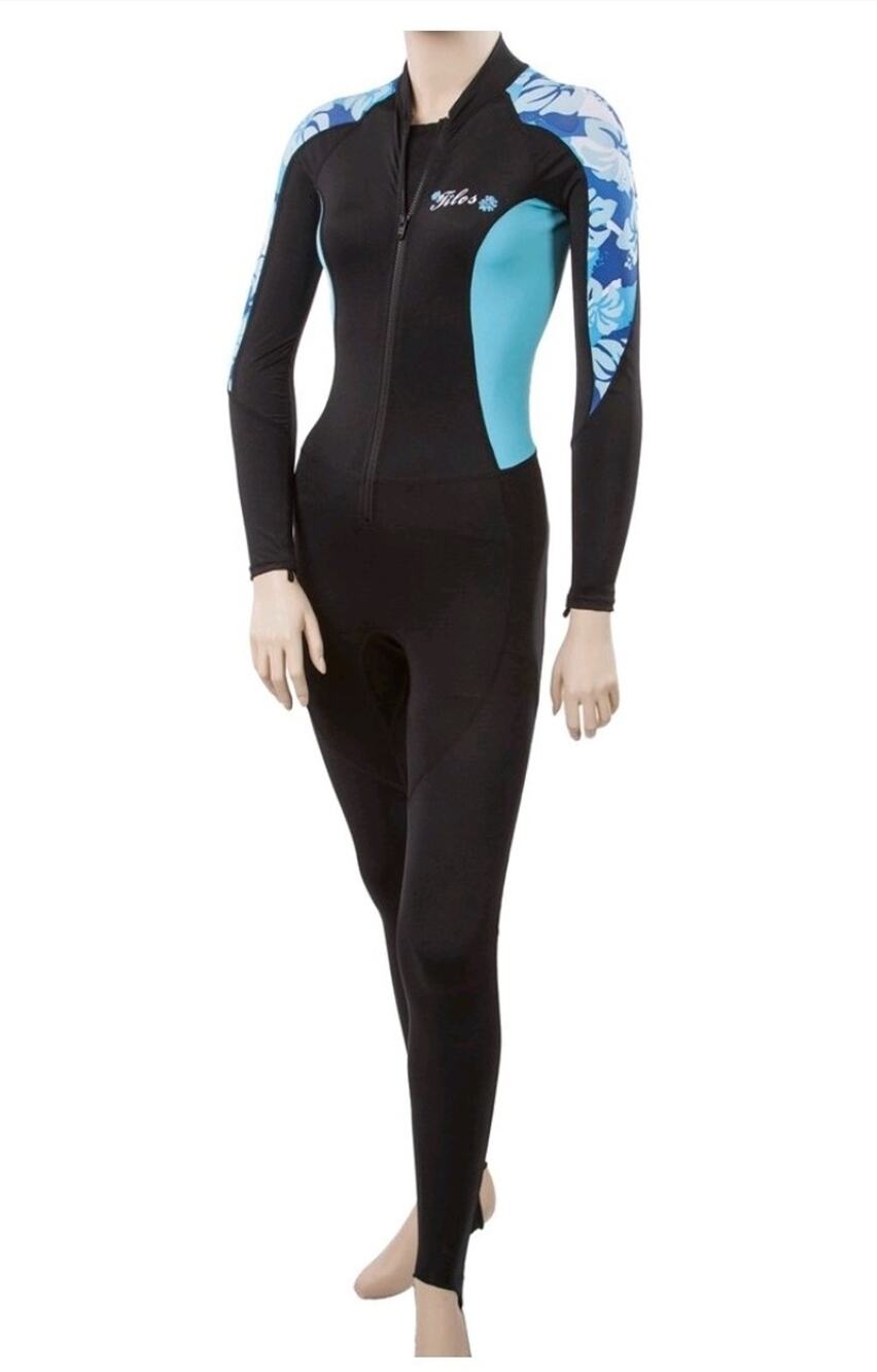 Tilos Womens 2XL Lycra Dive Skin Bodysuit Black Blue flower Scuba Surfing Diving